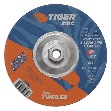 Combo Wheel, Type 27, 7 in Dia, 0.125 in Thick, 5/8 in-11 UNC Nut Arbor Hole Size, Zirconia Alumina MPN:58055