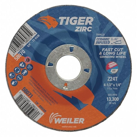 Grinding Wheel, Type 27, 4 1/2 in Dia, 1/4 in Thick, 7/8 in Arbor Hole Size, Zirconia Alumina MPN:58071