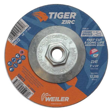 Grinding Wheel, Type 27, 5 in Dia, 1/4 in Thick, 5/8 in-11 UNC Nut Arbor Hole Size MPN:58072