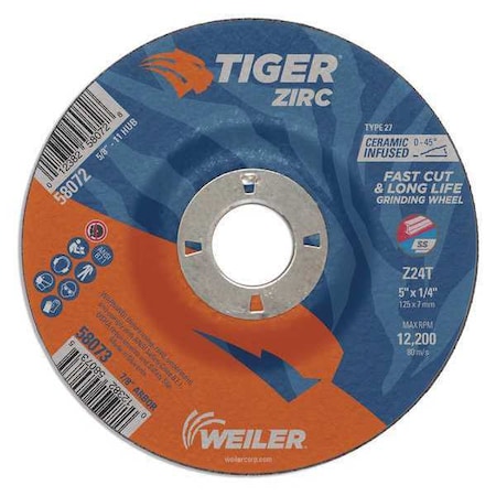 Grinding Wheel, Type 27, 5 in Dia, 1/4 in Thick, 7/8 in Arbor Hole Size, Zirconia Alumina MPN:58073