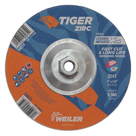 Grinding Wheel, Type 27, 7 in Dia, 1/4 in Thick, 5/8 in-11 UNC Nut Arbor Hole Size MPN:58074