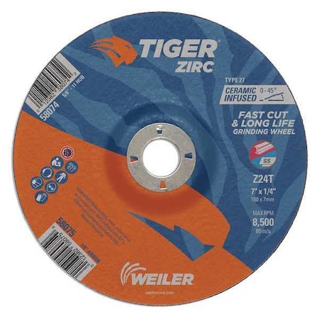 Grinding Wheel, Type 27, 7 in Dia, 1/4 in Thick, 7/8 in Arbor Hole Size, Zirconia Alumina MPN:58075