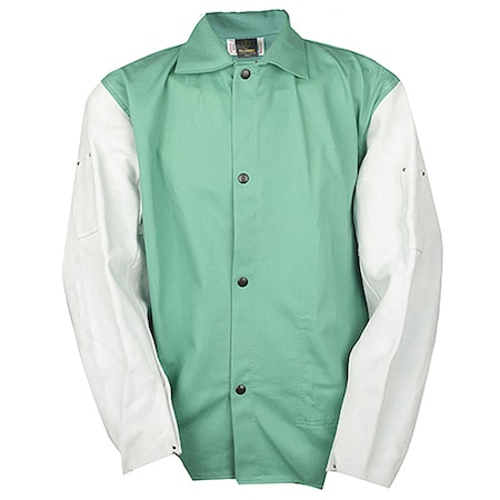 Cotton Jacket Leather Sleeves, Leather, 9 oz, 30 in Length, Buttons Closure, 1 Pockets, Green, 5XL MPN:96305X