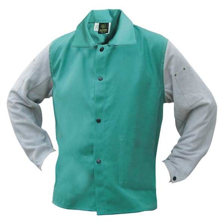 Welding Jacket, Cotton with Cowhide Sleeves, 9 oz, 30 in Length, Snaps Closure, 1 Pockets, Green, M MPN:9630M
