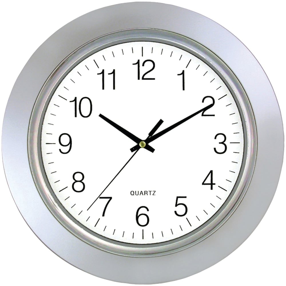 Timekeeper 13in Round Clock Silver Frame Chrome Bezel w/ Flat Glass Lens, Silver/White - Analog - Quartz - Silver, White, Chrome Case MPN:6450