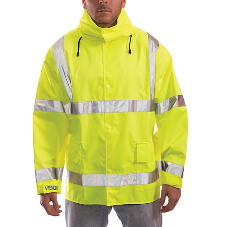 High Visibility Rain Jacket with Hood, Polyester, Class 3 R, Green/Yellow, L MPN:J23122