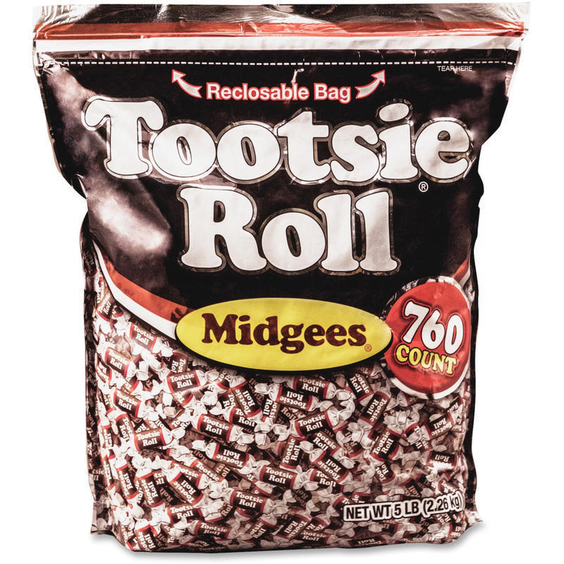 Tootsie Roll Midgees Candy - Assorted - Individually Wrapped, Resealable Container - 5 lb - 1 Bag - 760 Per Bag (Min Order Qty 3) MPN:884580