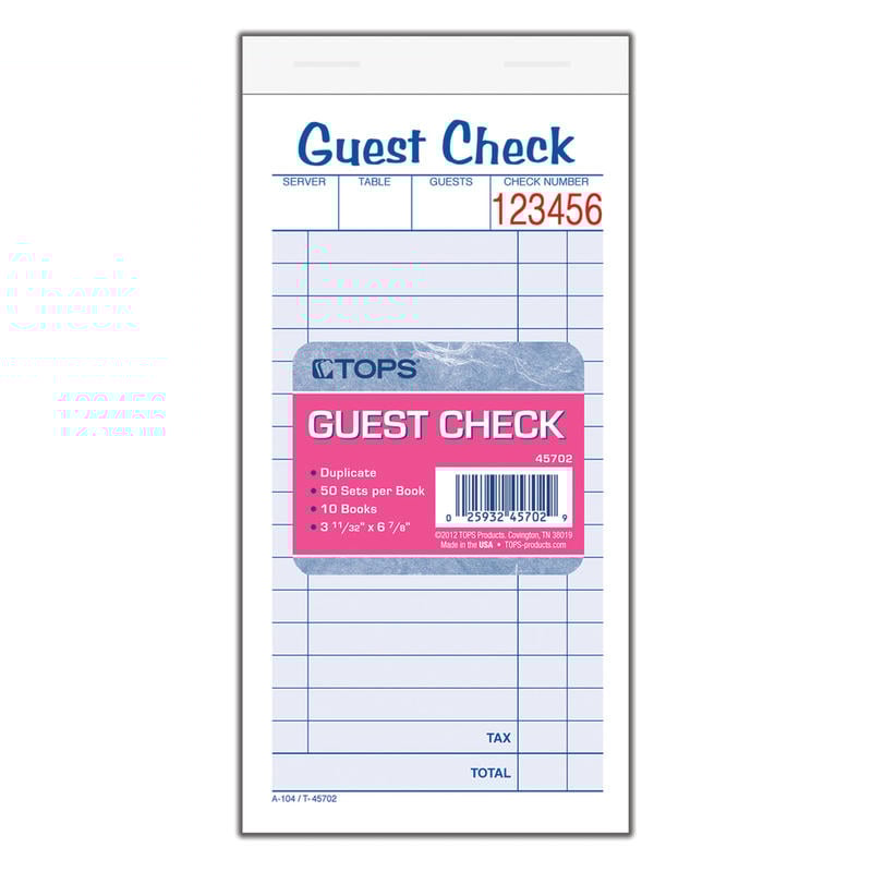 TOPS Guest Check Books, 2-Part Carbonless, 50 Sheets, Pack of 10 (Min Order Qty 3) MPN:45702