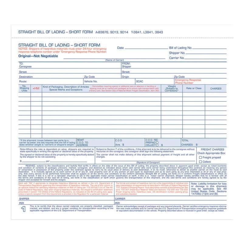 Adams Bill Of Lading Forms, 7 5/8in x 11in, 3-Part, Pack Of 250 (Min Order Qty 3) MPN:B3876