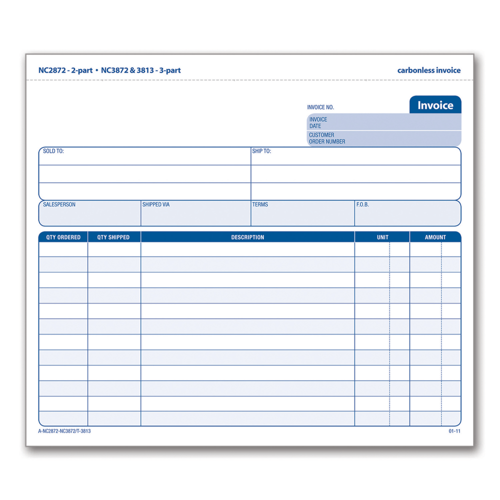 Adams 3-Part Carbonless Invoice Form Unit Set, 8 1/2in x 7 7/16in, White/Canary/Pink, Pack Of 50 Sets MPN:NC3872-50