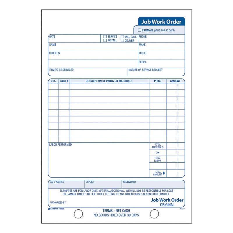 Adams Carbonless Job Work Order Book, 5 9/16in x 8 7/16in, 3-Part, White/Canary/White Tag (Min Order Qty 16) MPN:T5868