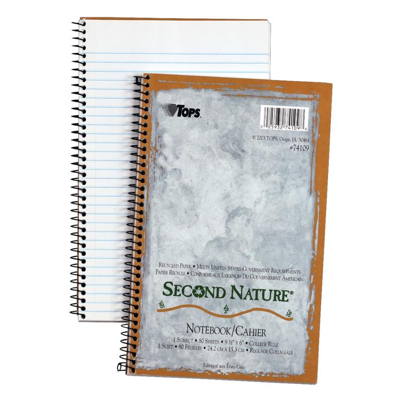 TOPS Second Nature 100% Recycled Perforated Notebook, 6in x 9 1/2in, 1 Subject, College Ruled, 40 Sheets, White (Min Order Qty 6) MPN:74109