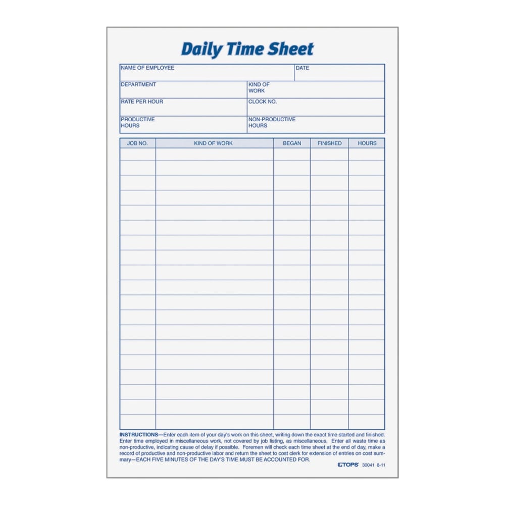 TOPS Daily Time Sheet Forms, 9.5in x 6in, Black/White, 100 Sheets Per Pad, 2 Pads Per Pack (Min Order Qty 4) MPN:30041