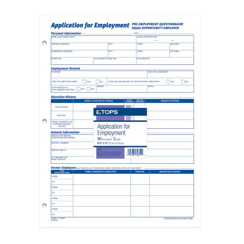 TOPS Employment Application Forms - 50 Sheet(s) - Gummed - 8.50in x 11in Sheet Size - White - White Sheet(s) - Black Print Color - 2 / Pack (Min Order Qty 3) MPN:32851