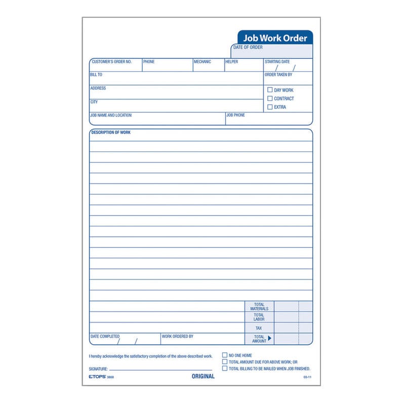 TOPS Triplicate Carbonless Job Work Orders, 5 1/2in x 8 1/2in, Pack Of 50 Forms (Min Order Qty 4) MPN:3868