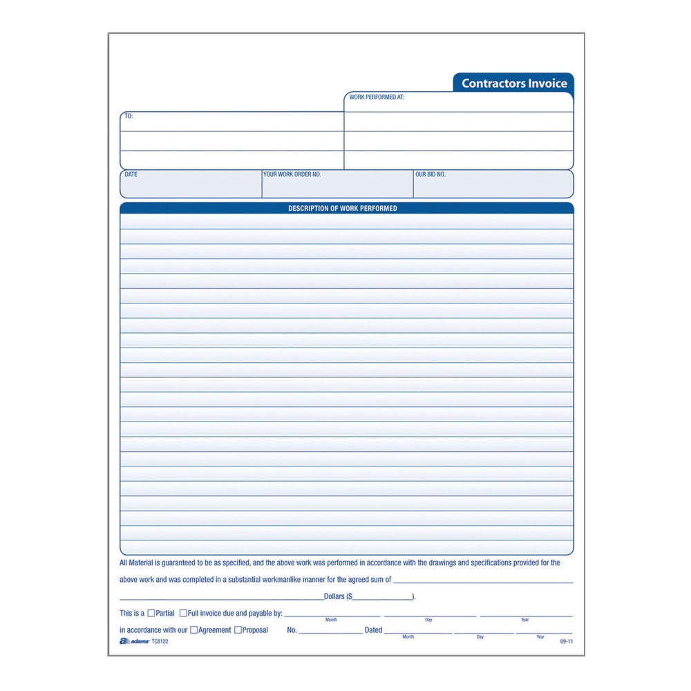 Adams Carbonless Contractors Invoices, 3-Part, 50 Sets MPN:TC8122