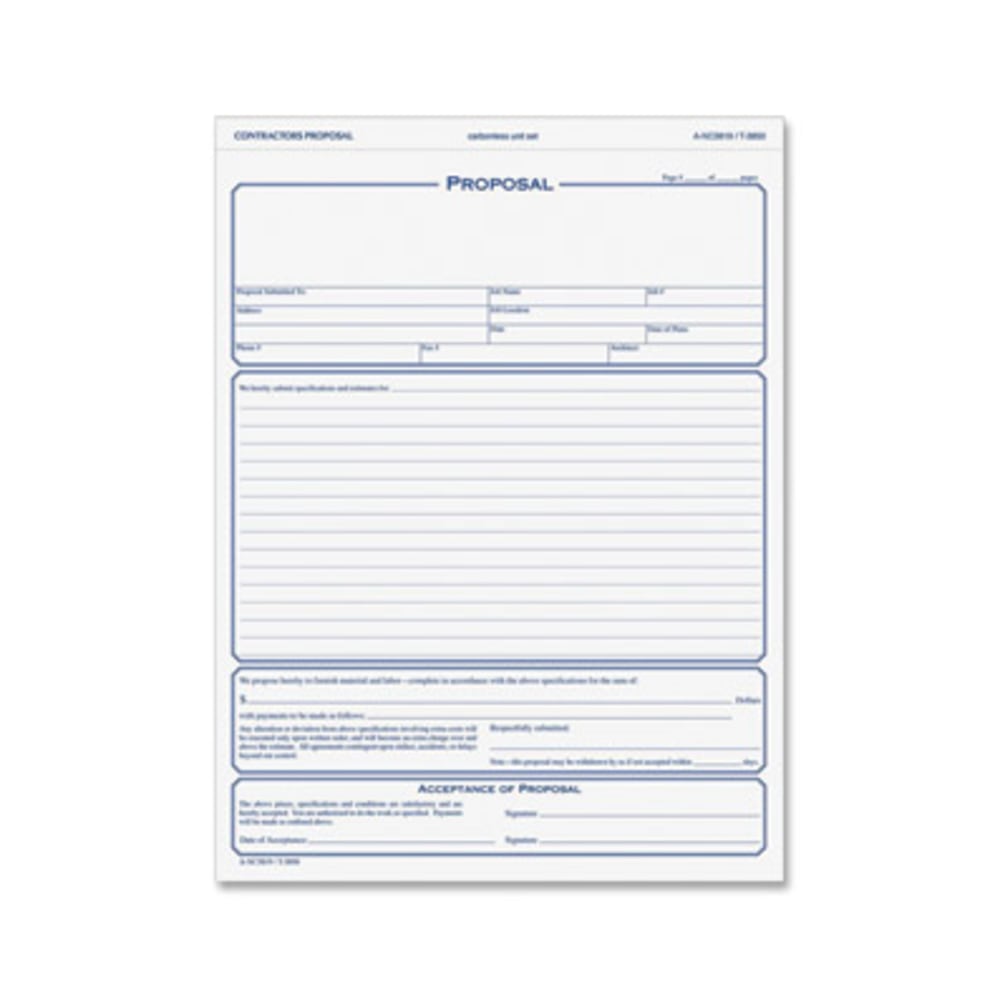 TOPS In Triplicate Proposal Form - 3 PartCarbonless Copy - 8 1/2in x 11in Sheet Size - White, Canary, Pink - Blue Print Color - 50 / Pack (Min Order Qty 3) MPN:3850