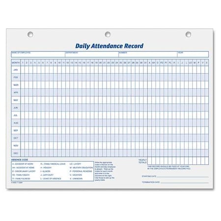 Daily Attendance Card, 8-1/2 x 11, PK50 MPN:TOP3284