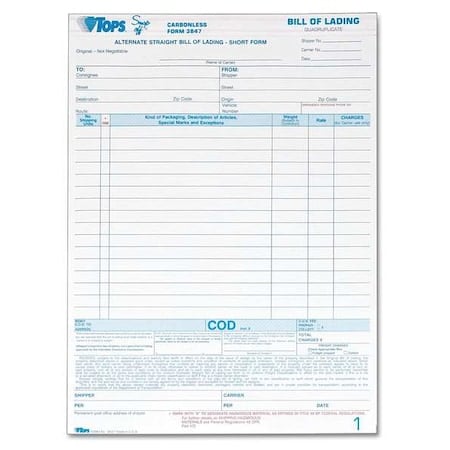 Bill of Lading Form, 8-1/2 x 11, PK50 MPN:TOP3847