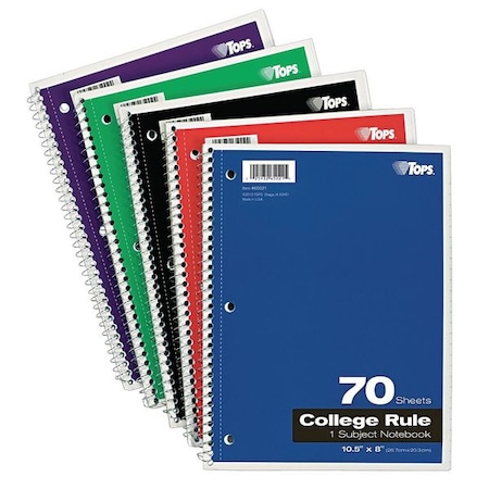Coil-Lock Wirebound Notebook, 3-Hole Punch, Medium/College Rule, Random Color, (70) 10.5 x 8 Sheets MPN:TOP65021