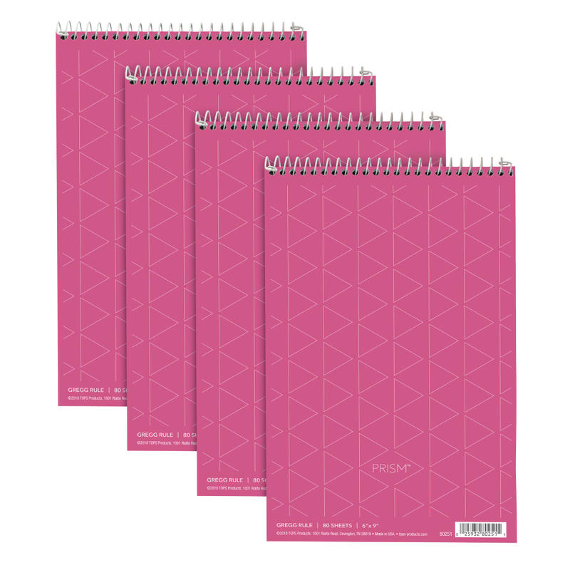 TOPS Prism+ Color Steno Books, 6in x 9in, 100% Recycled, Gregg Ruled, 80 Sheets, Pink, Pack Of 4 (Min Order Qty 2) MPN:80254