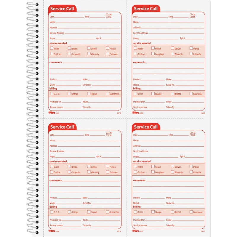 TOPS Service Call 2-part Spiral Message Slip Book - 200 Sheet(s) - Spiral Bound - 2 Part - Carbonless Copy - 5.50in x 4in Form Size - 8 1/4in x 11in Sheet Size - Red Print Color - 1 / Each (Min Order Qty 4) MPN:4100
