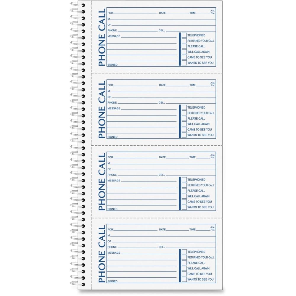 TOPS Second Nature Spiralbound Phone Call Book, 2-Part, 5 1/2in x 11in, 60% Recycled, White/Blue (Min Order Qty 9) MPN:74620