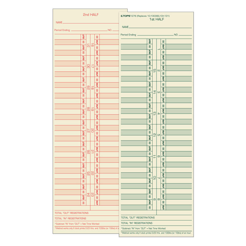 TOPS Time Cards (Replaces Original Cards 10-100372 & CH131), Numbered Days, 2-Sided, Semi-Monthly Format, 10 1/2in x 3 1/2in, Box Of 500 (Min Order Qty 2) MPN:1276