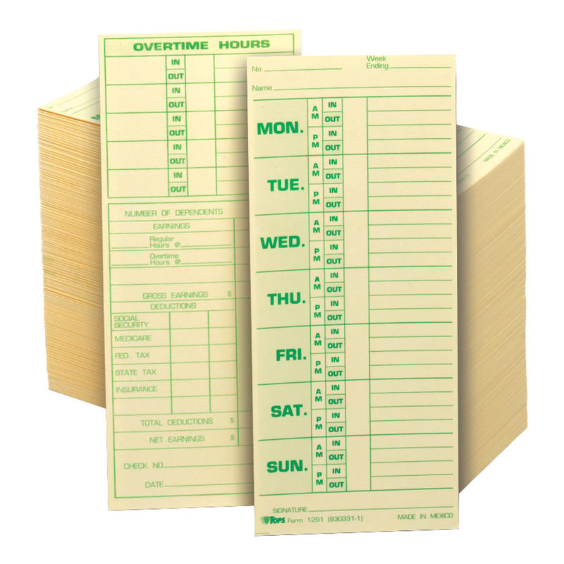 TOPS Time Cards (Replaces Original Card 331-10), Named Days, 2-Sided, 8 1/2in x 3 1/2in, Box Of 500 MPN:1291