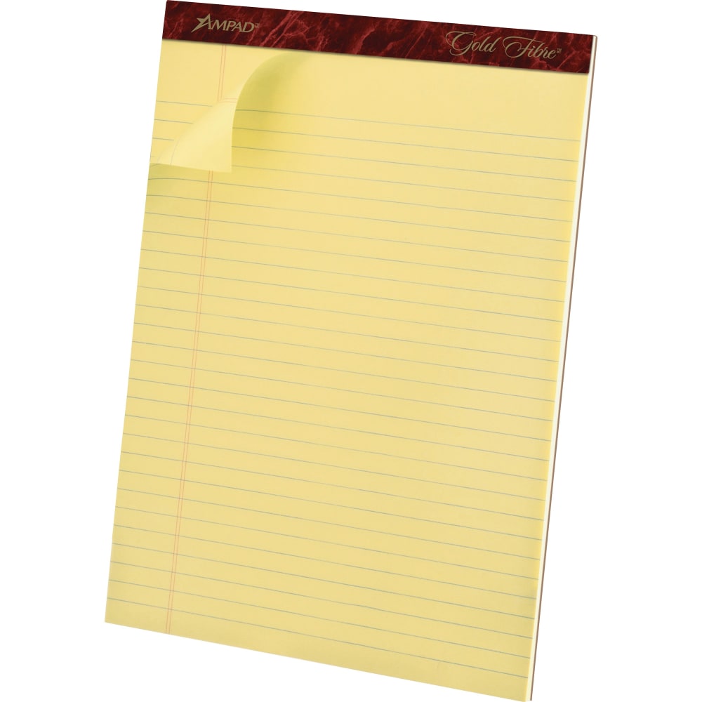 Ampad Gold Fibre Premium Rule Writing Pads - Letter - 50 Sheets - Watermark - Stapled/Glued - 0.34in Ruled - 16 lb Basis Weight - Letter - 8 1/2in x 11 3/4in - Yellow Paper - Bleed-free, Micro Perforated, Chipboard Backing - 1 Dozen MPN:20020