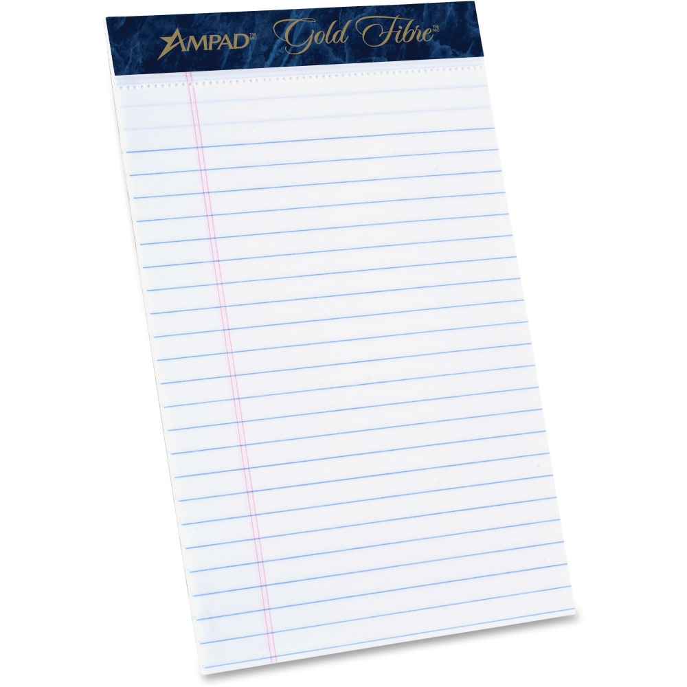 TOPS Ampad Gold Fibre Medium Rule Premium Junior Size Writing Pads - 50 Sheets - Watermark - Stapled/Glued - 16 lb Basis Weight - 5in x 8in - White Paper - Dark Blue Binding - Micro Perforated, Bleed-free, Chipboard Backing - 1 Dozen (Min Order Qty 2) MPN