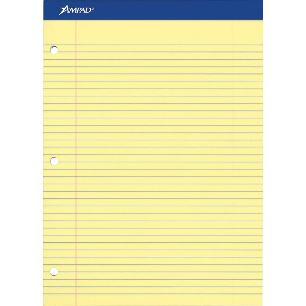 Ampad Perforated 3-Hole Punched Ruled Double Sheet Pad, Medium/College Rule, 100 Sheets, 8 1/2in x 11in, Canary Yellow (Min Order Qty 5) MPN:20223