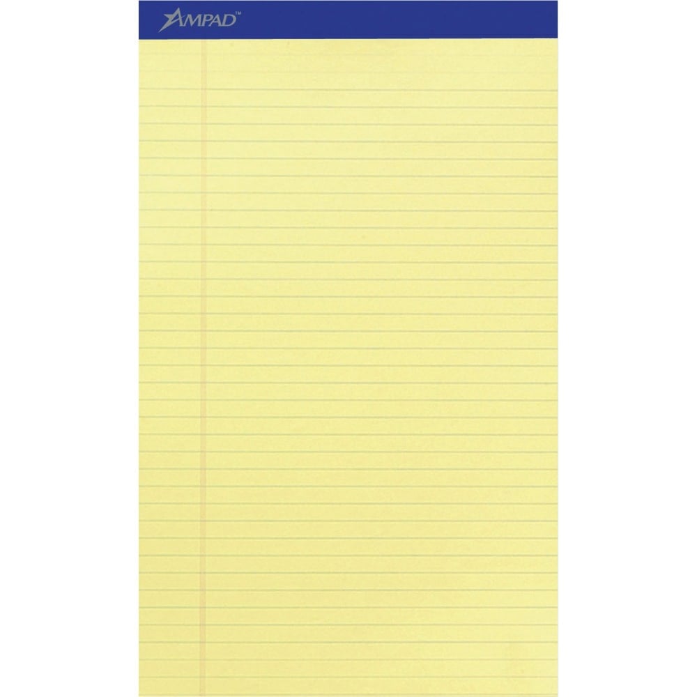 Ampad Writing Pad - 50 Sheets - Stapled - 0.34in Ruled - 15 lb Basis Weight - Legal - 8 1/2in x 14in - Canary Yellow Paper - Dark Blue Binding - Perforated, Sturdy Back, Chipboard Backing, Tear Resistant - 1 Dozen MPN:20230
