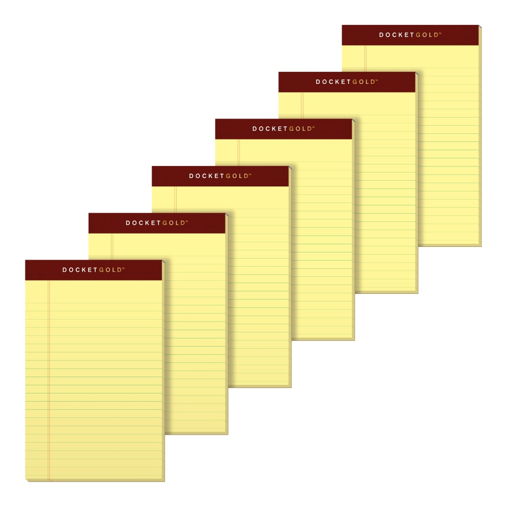 TOPS Docket Gold Premium Writing Pads, 5in x 8in, Jr. Legal Rule, Canary, 50 Sheets Per Pad, Pack Of 6 Pads (Min Order Qty 11) MPN:99704
