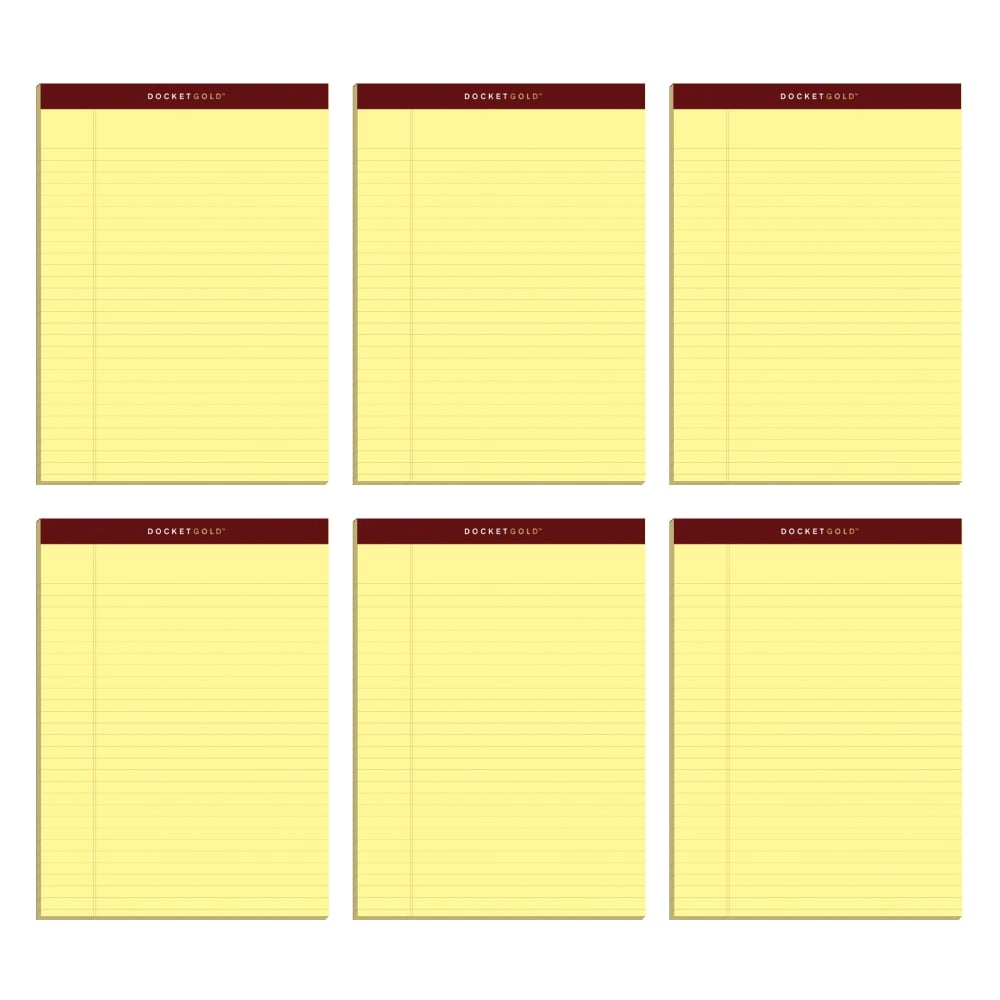 TOPS Docket Gold Premium Writing Pads, 8 1/2in x 11 3/4in, Legal Ruled, 50 Sheets, Canary, Pack Of 6 Pads (Min Order Qty 5) MPN:99707