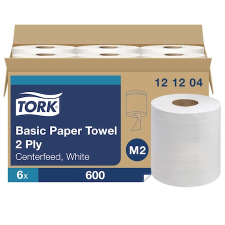 Center Pull Paper Towel Roll, 2 Ply, 600 Sheets, 590 ft, White, 6 PK MPN:121204