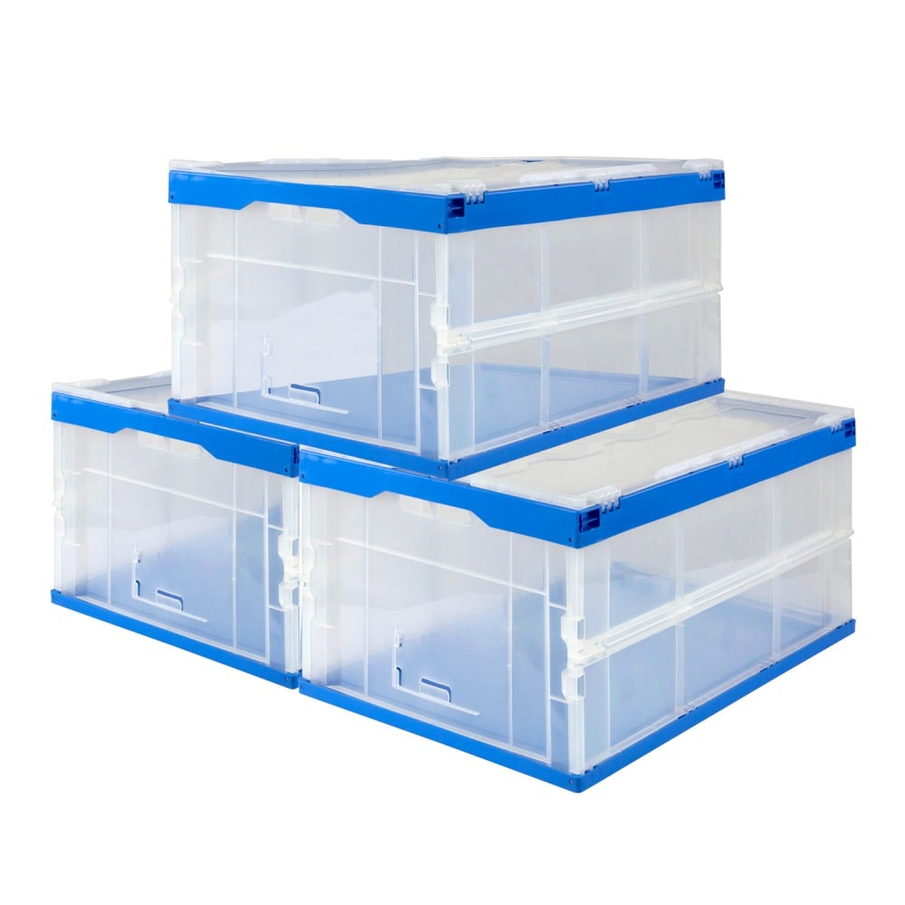 Mount-It! Folding Heavy-Duty Storage Crates, 12-1/2inH x 21-1/2inW x 15-5/16inD, Clear/Blue, Pack Of 3 Crates MPN:MI-910