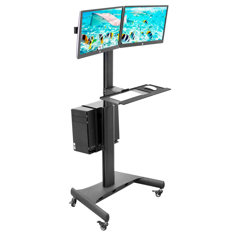 Mount-It! MI-7986 Adjustable PC Mobile Workstation For Dual Monitors, 45inH x 28-1/2inW x 8inD, Black MPN:MI-7986