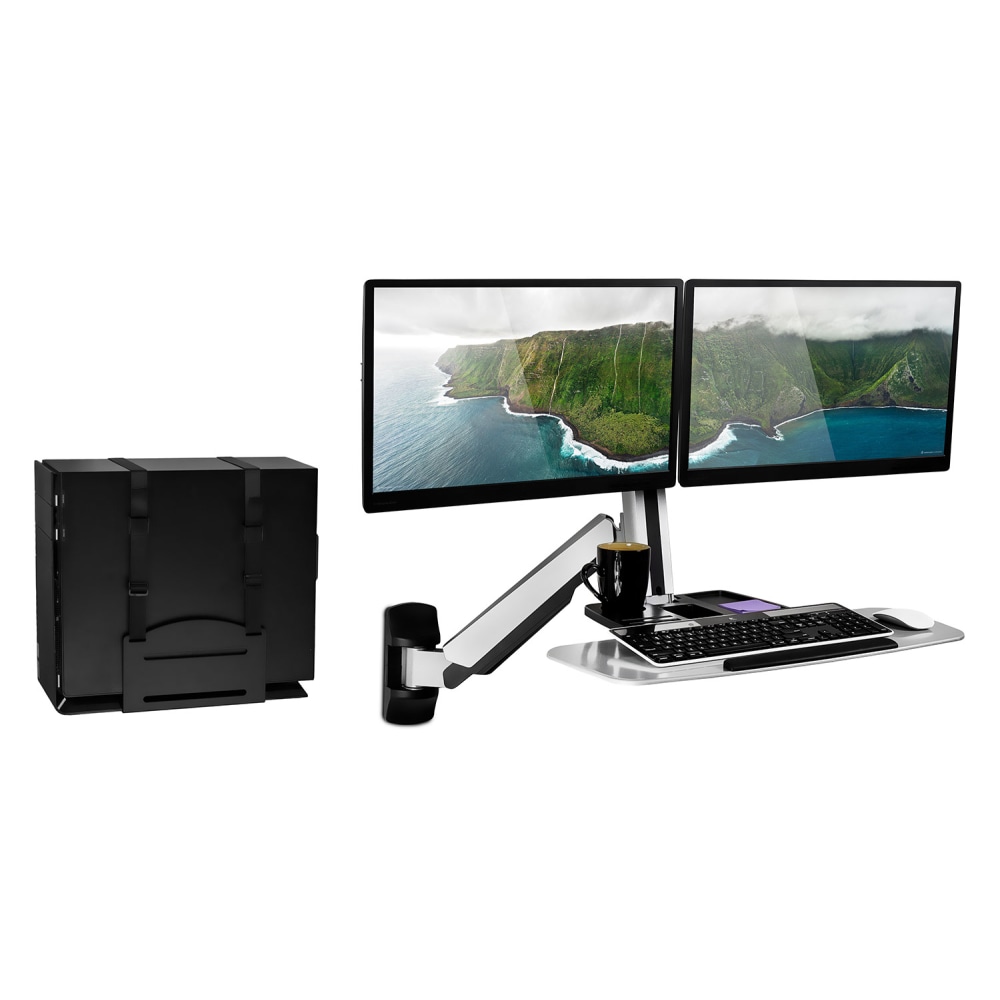 Mount-It! MI-7906 36inW Sit-Stand Dual-Monitor Wall-Mount Workstation With Articulating Keyboard Tray Arm And CPU Holder, Silver MPN:MI-7906