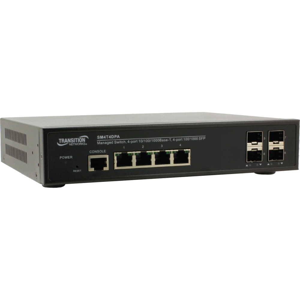 Transition Networks SM4T4DPA Ethernet Switch - 8 Ports - Manageable - Gigabit Ethernet - 10/100/1000Base-T - 2 Layer Supported - 4 SFP Slots - Twisted Pair - Desktop, Rack-mountable MPN:SM4T4DPA-NA