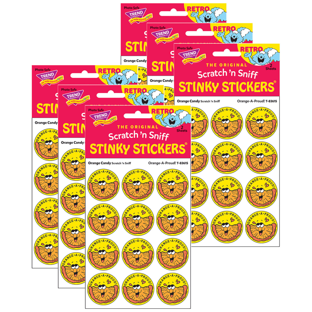 Trend Retro Scratch N Sniff Stinky Stickers, Orange-A-Proud!/Orange Candy, 24 Stickers Per Pack, Set Of 6 Packs MPN:T-83615-6