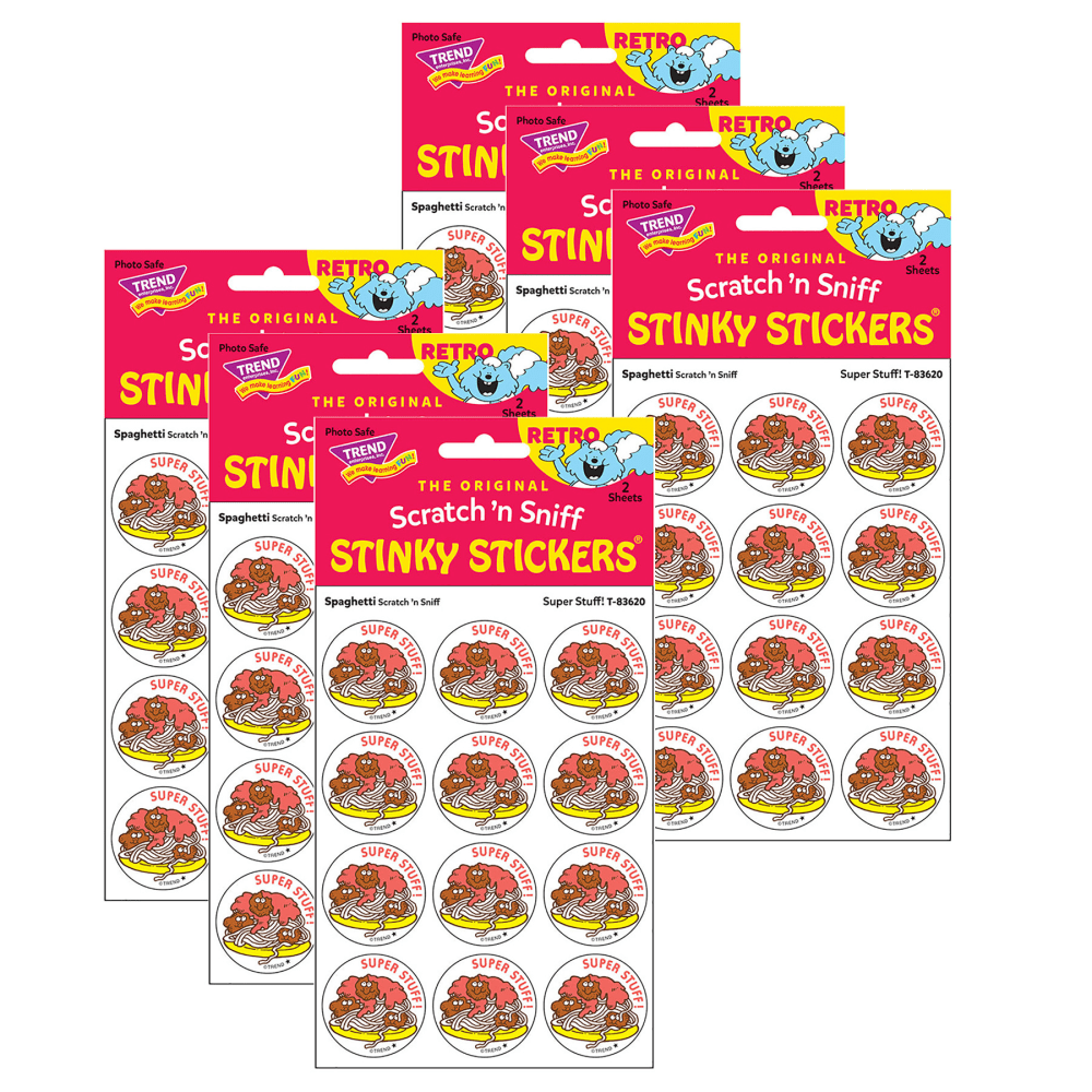 Trend Retro Scratch N Sniff Stinky Stickers, Super Stuff!/Spaghetti, 24 Stickers Per Pack, Set Of 6 Packs MPN:T-83620-6