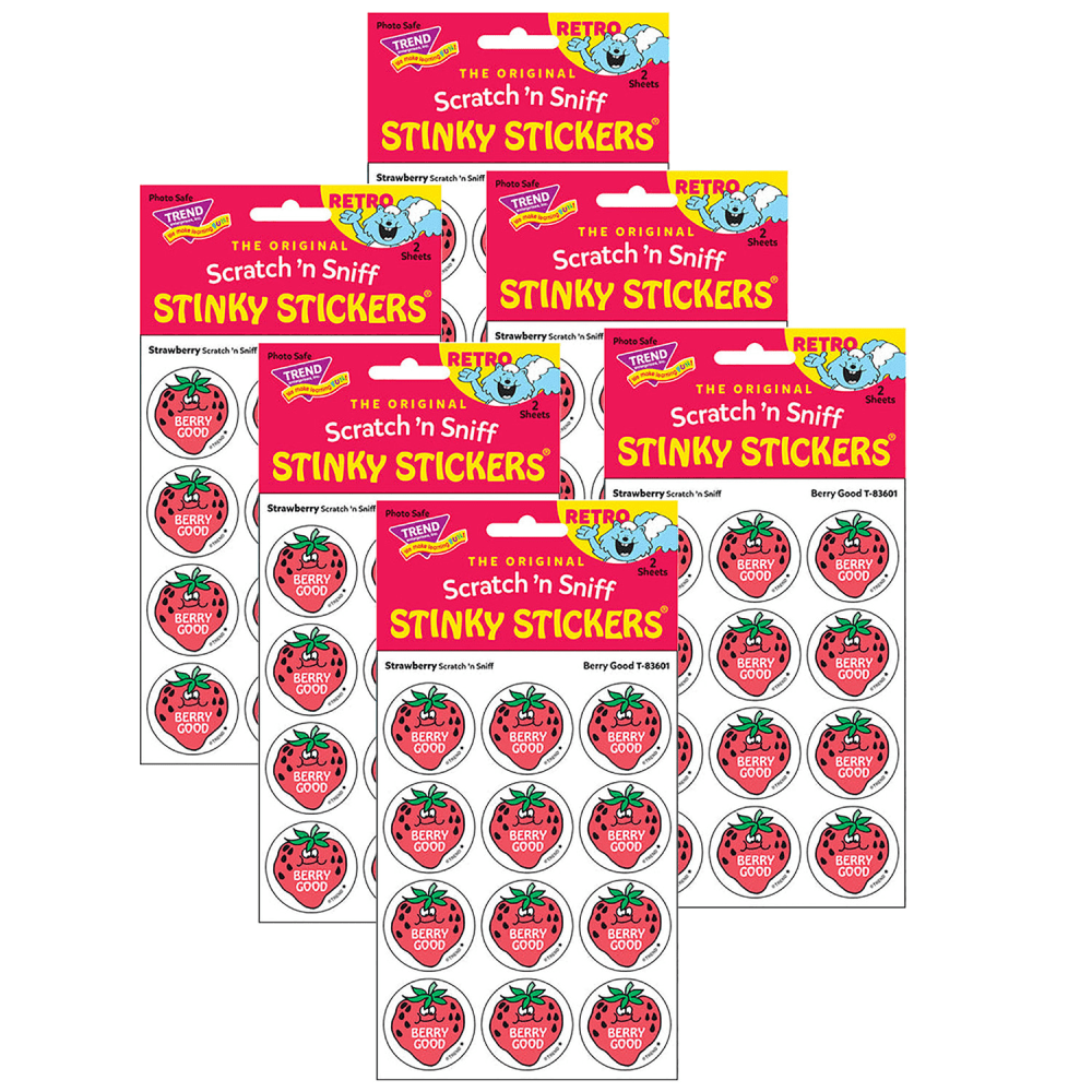 Trend Retro Scratch N Sniff Stinky Stickers, Berry Good/Strawberry, 24 Stickers Per Pack, Set Of 6 Packs MPN:T-83601-6