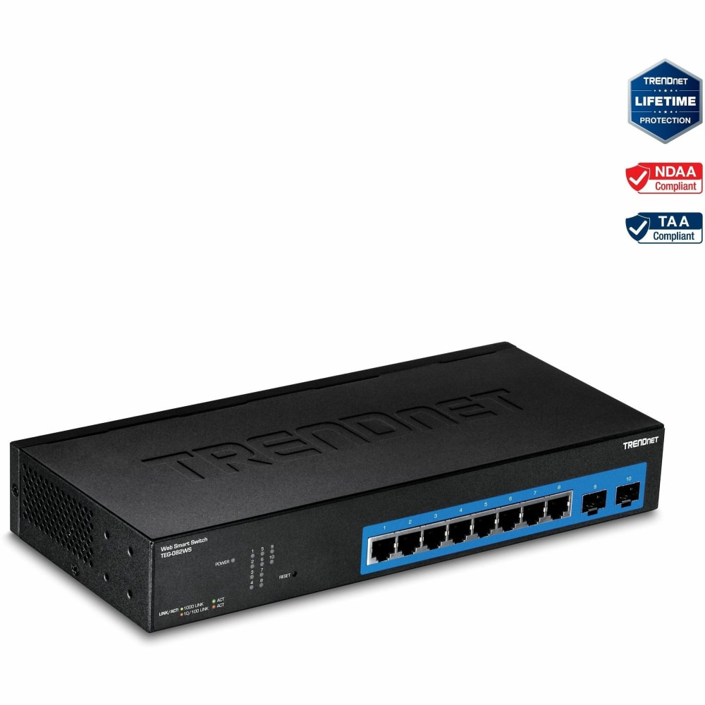 TRENDnet 8 Port Gigabit Web Smart Switch, 10/100/1000 Mbps, SFP, rack mountable, fanless, TEG082WS MPN:TEG-082WS