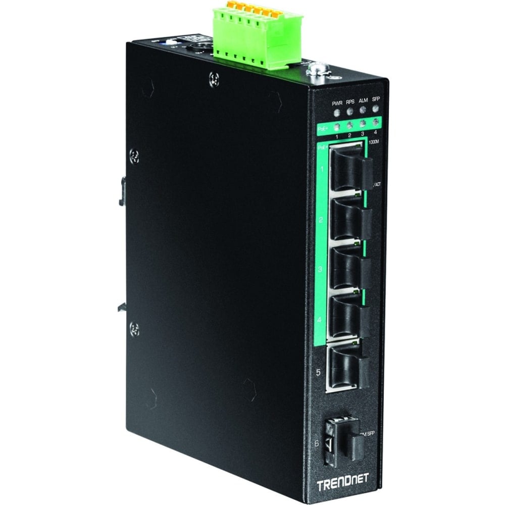 TRENDnet 5-Port Hardened Industrial Gigabit PoE+ DIN-Rail Switch, 120W Power Budget, 1x SFP Slot, IP30 Rated MPN:TI-PG541