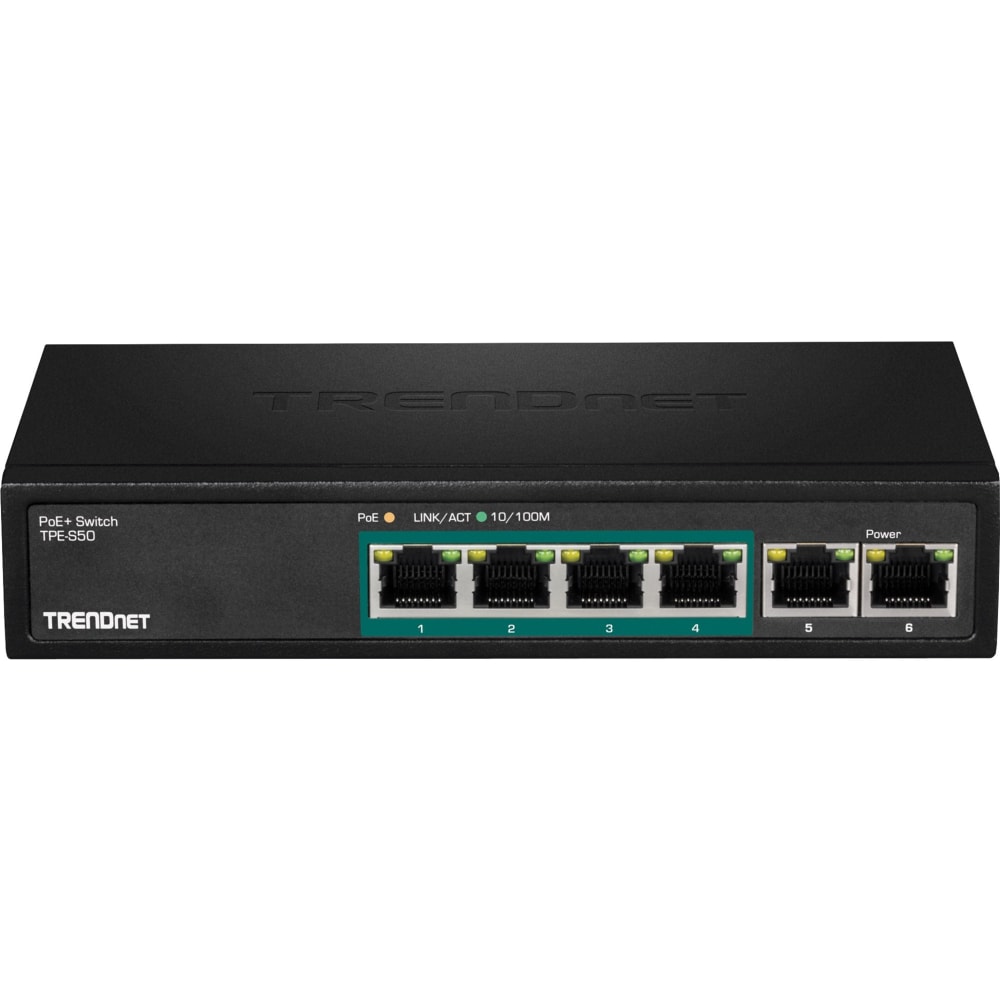 TRENDnet 6-Port Fast Ethernet PoE+ Switch, 4x Fast Ethernet PoE Ports, 2x Fast Ethernet Ports, 60W PoE Budget, 1.2 Gbps Switch Capacity MPN:TPE-S50