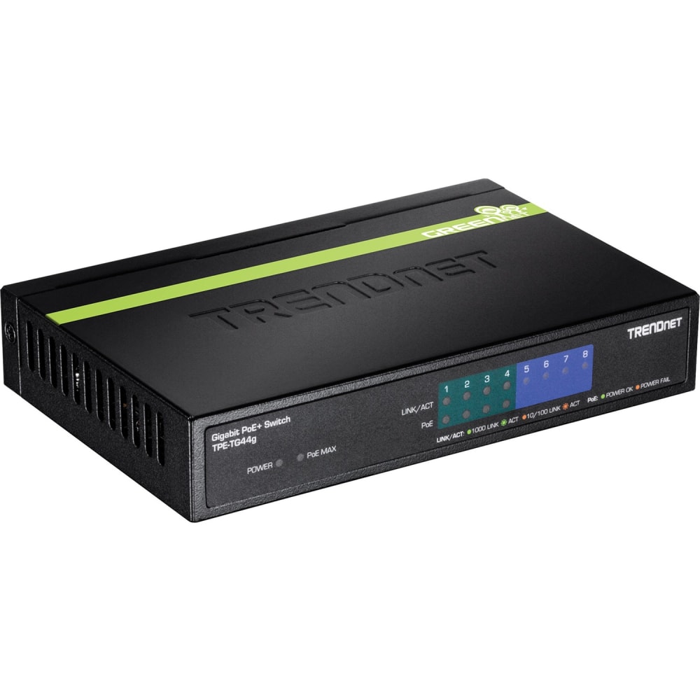 TRENDnet 8-Port Gigabit GREENnet PoE+ Switch; TPE-TG44G; 4 x Gigabit PoE/PoE+ - 8-port GREENnet Gigabit PoE+ Switch (4 PoE+; 4 Non-PoE) MPN:TPE-TG44G