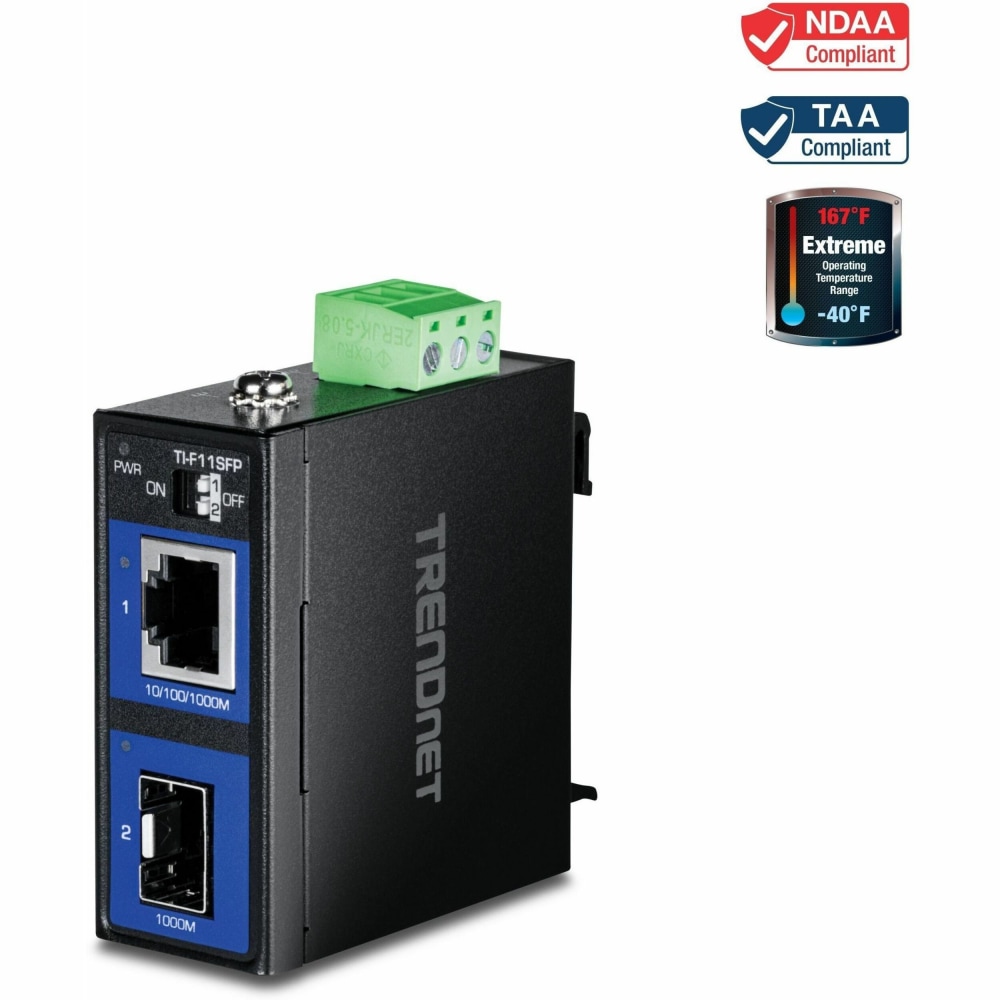 TRENDnet Industrial 100/1000Base-T to SFP Media Converter, TI F11SFP, 1 x Gigabit Ethernet Port, 1 x SFP Port, TIF11SFP MPN:TI-F11SFP