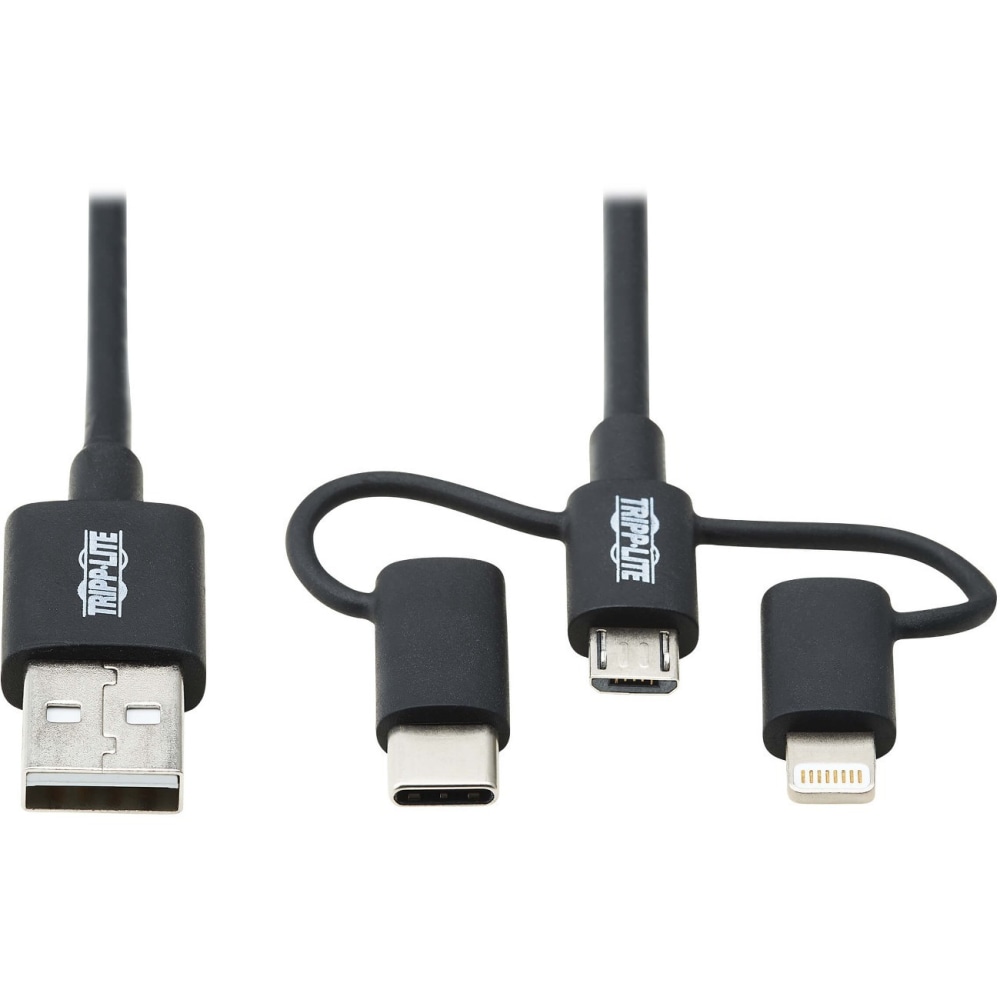 Tripp Lite USB-A to Lightning, USB Micro-B and USB-C Sync/Charge Cable, Black, 6 ft. - First End: 1x Type A Male USB - M101006LMCBK MPN:M101-006-LMC-BK