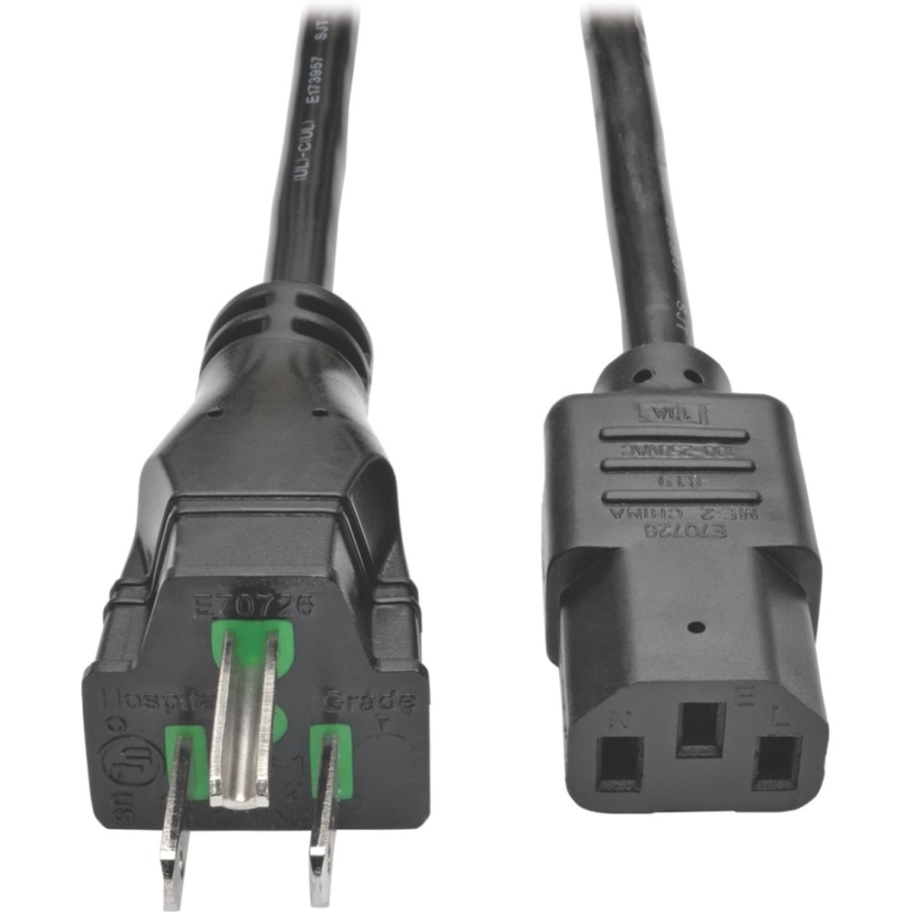Eaton Tripp Lite Series Hospital-Grade Power Cord, NEMA 5-15P to C13 - Green Dot, 10A, 125V, 18 AWG, 8 ft. (2.43 m) Coiled Cord, Black - P006C08HG10 MPN:P006-C08-HG10